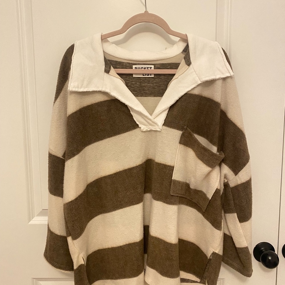 Brown and Cream Striped V-Neck Sweater